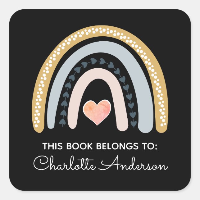 Boho Watercolor Rainbow Bookplate  Square Sticker (Front)