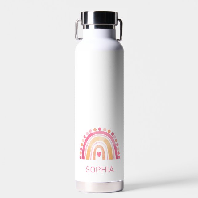 Boho Watercolor Rainbow in Pink personalised Water Bottle (Front)