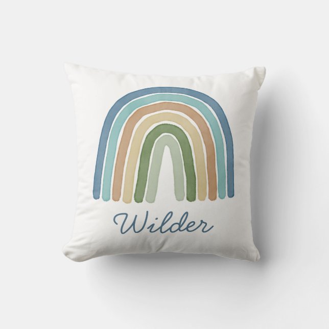 Boho Watercolor Rainbow Name Modern Blue Cushion (Front)