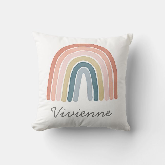 Boho Watercolor Rainbow Name Modern Coral Cushion (Front)