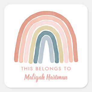 Boho Watercolor Rainbow Name School Label Coral