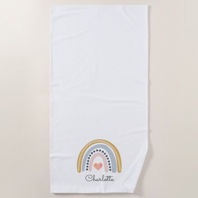 Boho Watercolor Rainbow Personalised Button Beach Towel (Front)