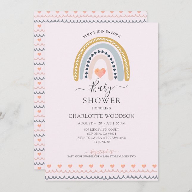 Boho Watercolor Rainbow Pink Baby Shower  Invitation (Front/Back)