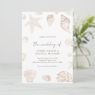 Boho Watercolor Seashells Pearls Nautical Wedding Invitation