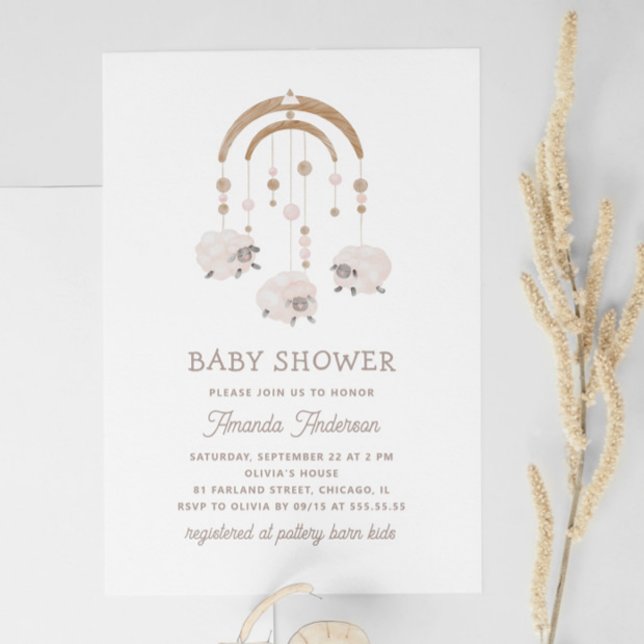 Boho Watercolor Sheep Mobile | Neutral Baby Shower Invitation (Creator Uploaded)