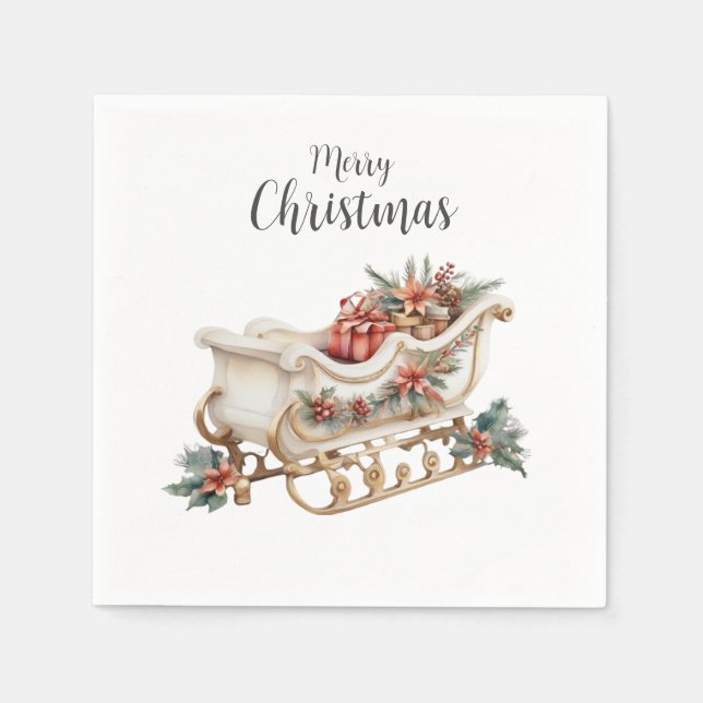 Boho Watercolor Sleigh Christmas Paper Napkin (Front)