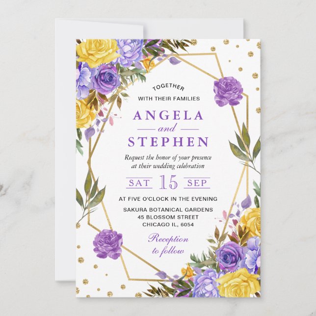 Boho Watercolor Spring Flowers Gold Frame Wedding Invitation (Front)