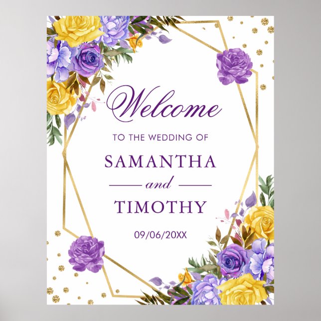 Boho Watercolor Spring Flowers Gold Frame Wedding  Poster (Front)