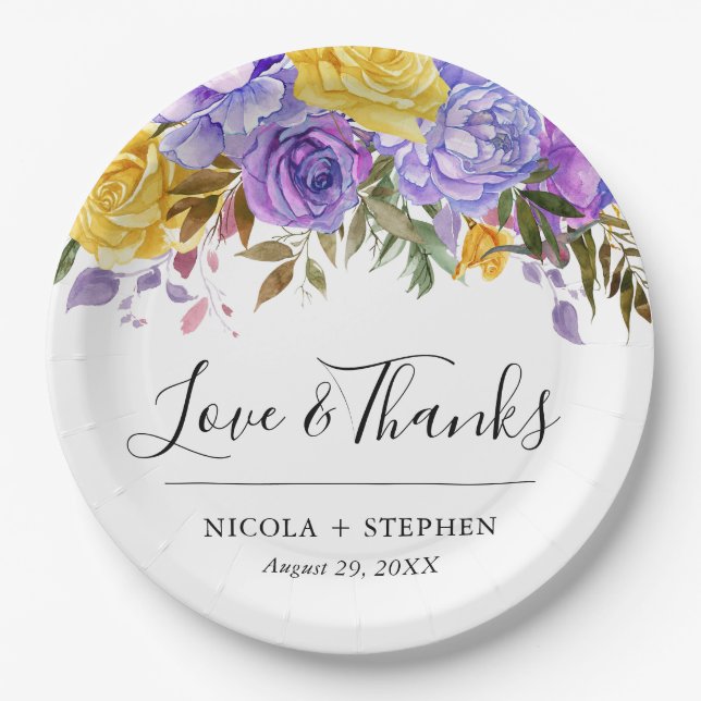 Boho Watercolor Spring Flowers Wedding Paper Plate (Front)