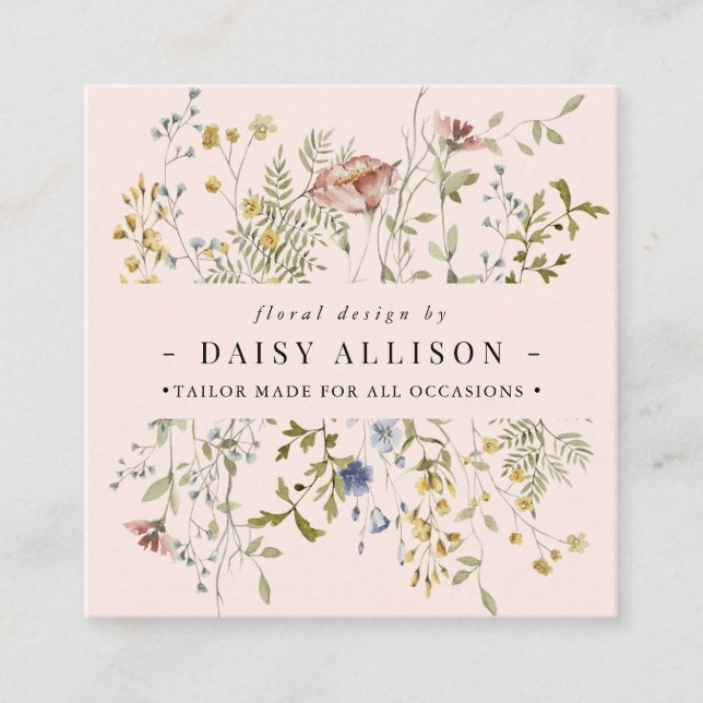 Boho Watercolor Spring Wildflower  Square Business Card (Front)