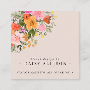 Boho Watercolor Spring Wildflower Square Business Card