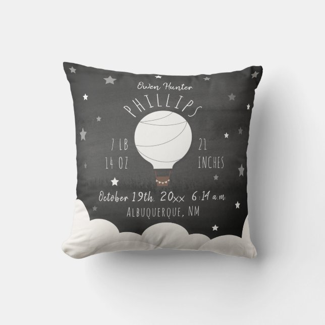 Boho Watercolor Stars Hot Air Balloon Birth Stats Cushion (Front)