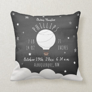 Boho Watercolor Stars Hot Air Balloon Birth Stats Cushion