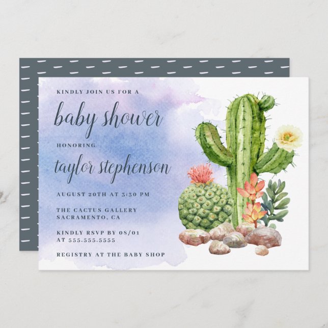 Boho Watercolor Succulent Cactus Baby Shower Invitation (Front/Back)
