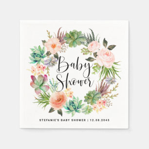 Boho Watercolor Succulent Wreath Baby Shower Napkin