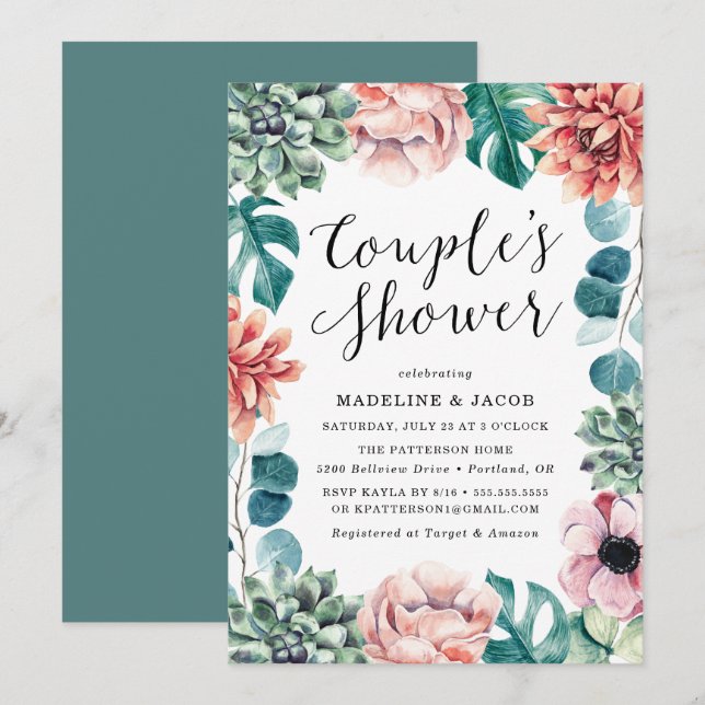 Boho Watercolor Succulents Couple's Shower Invitation (Front/Back)