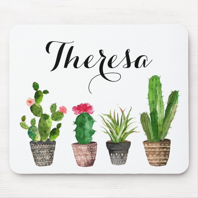 Boho Watercolor Succulents Personalised Mouse Mat (Front)