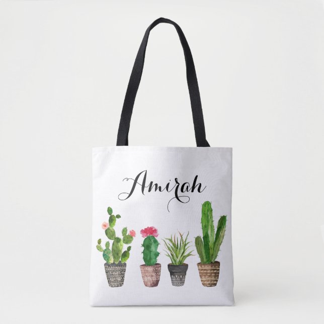 Boho Watercolor Succulents Personalised Tote Bag (Front)