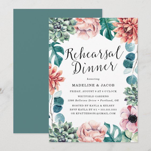 Boho Watercolor Succulents Reharsal Dinner Invitation (Front/Back)