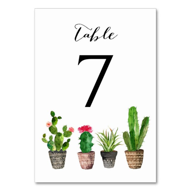 Boho Watercolor Succulents Table Numbers Card 7 (Front)