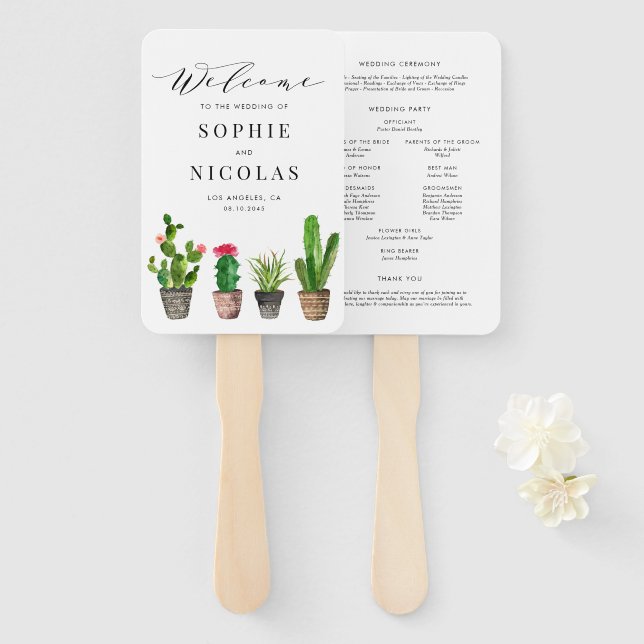 Boho Watercolor Succulents Wedding Ceremony Hand Fan (Front and Back)