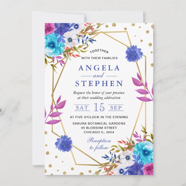 Boho Watercolor Summer Flowers Gold Frame Wedding Invitation (Front)