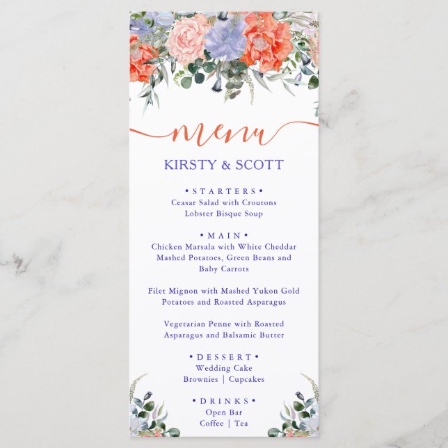 Boho Watercolor Summer Flowers Wedding Menu (Front)