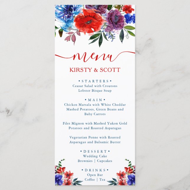 Boho Watercolor Summer Flowers Wedding Menu (Front)