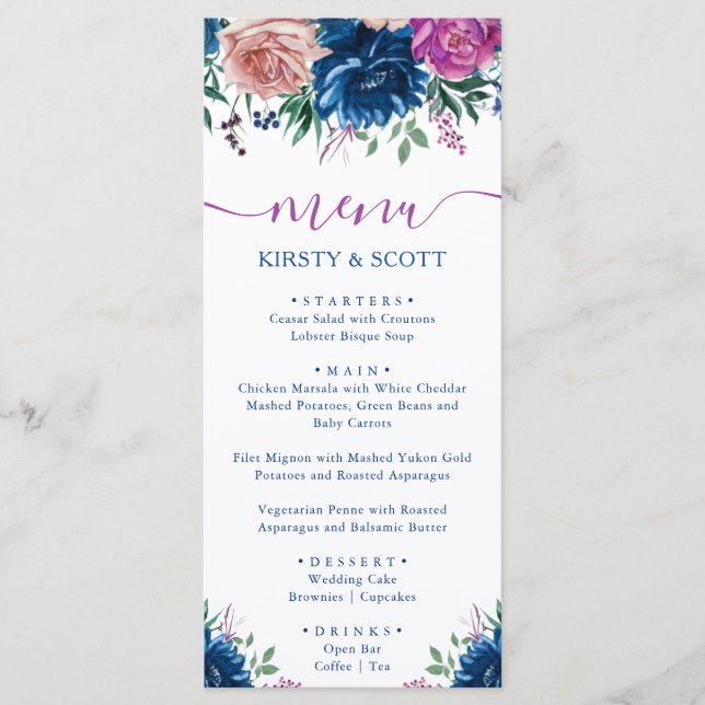 Boho Watercolor Summer Flowers Wedding Menu (Front)