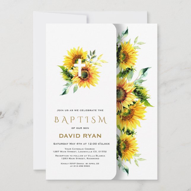 Boho Watercolor Sunflowers Cross Boy Baptism Invitation (Front)
