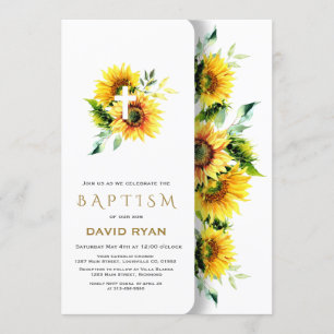 Boho Watercolor Sunflowers Cross Boy Baptism Invitation