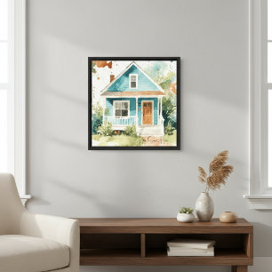 Boho Watercolor Teal Blue House Canvas Print