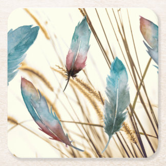 Boho Watercolor Teal & Rose Feathers and Grass Square Paper Coaster