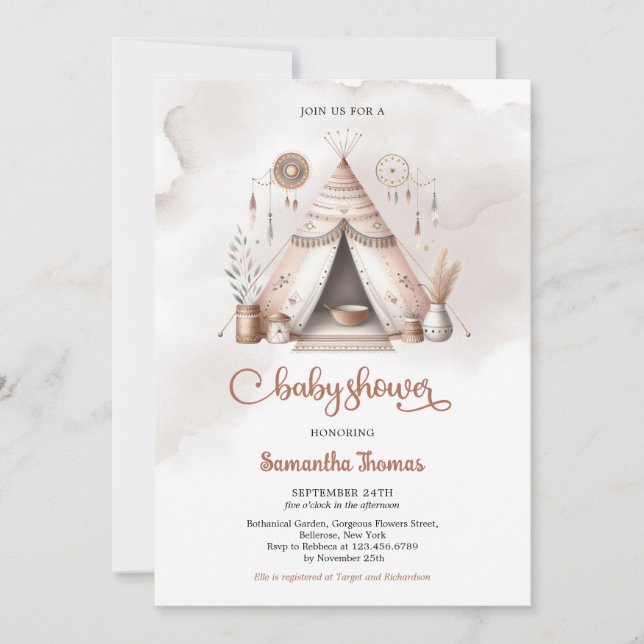 Boho watercolor tent gender neutral ivory rusty invitation (Front)