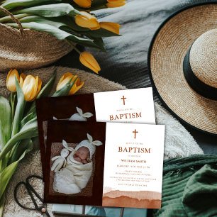 Boho Watercolor Terracotta Desert Photo Baptism Invitation