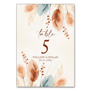 Boho Watercolor Terracotta Pampas Grass Beige Blue Table Number
