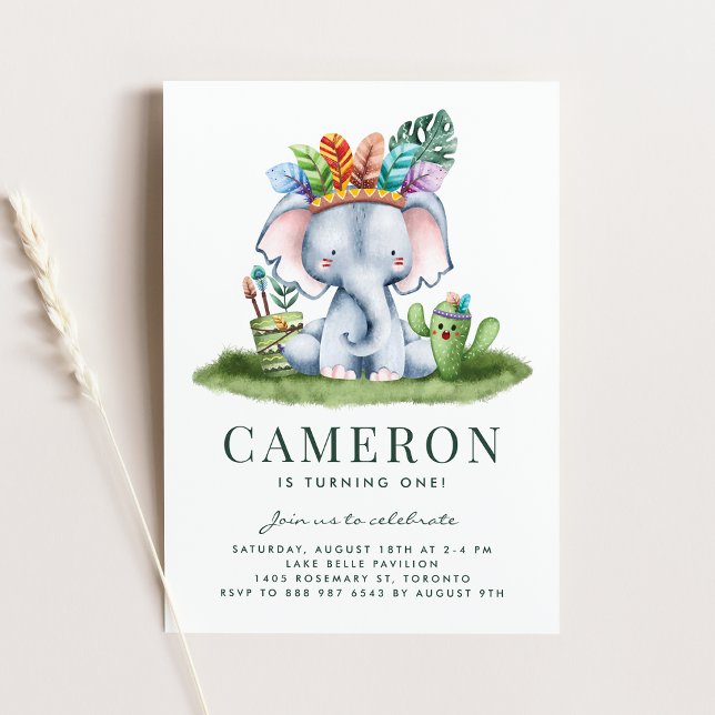 Boho Watercolor Tribal Elephant First Birthday Invitation (Creator Uploaded)
