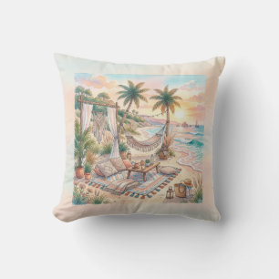 Boho Watercolor Tropical Beach Sunset Picnic Cushion