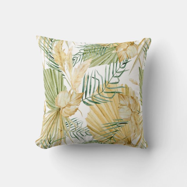 Boho Watercolor Tropical Leaves and Pampas Grass Cushion (Front)