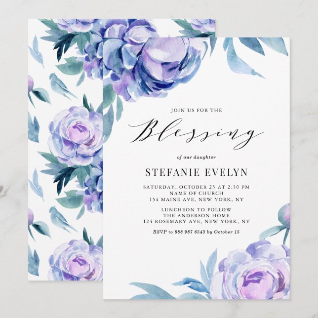 Boho Watercolor Violet Peony Flowers Baby Blessing Invitation (Front/Back)