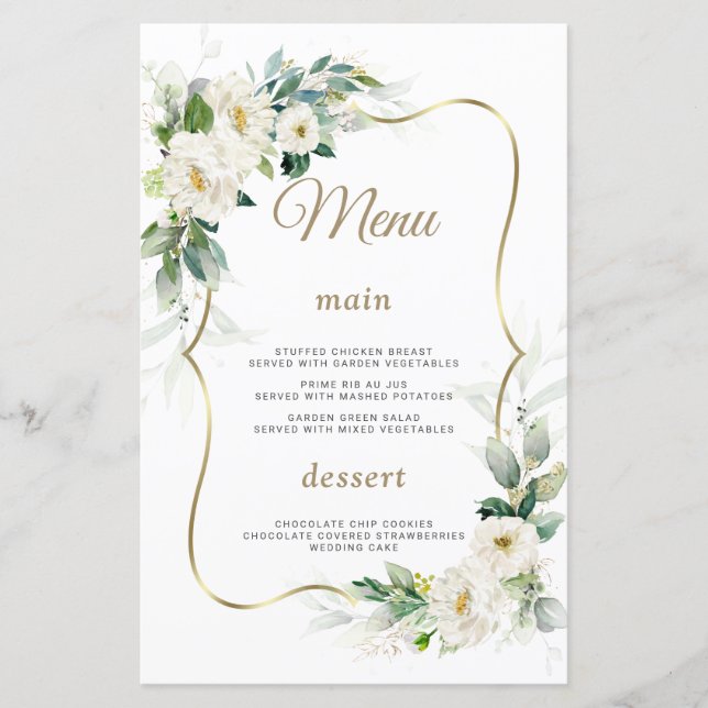 Boho Watercolor White Flowers Gold Wedding Menu (Front)