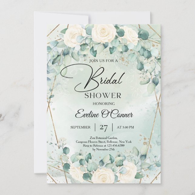 Boho watercolor white roses eucalyptus gold frame  invitation (Front)