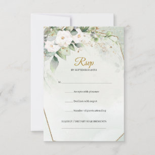 Boho watercolor white roses eucalyptus gold frame RSVP card