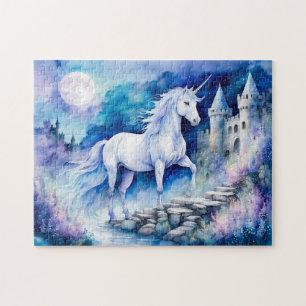 Boho Watercolor White Unicorn Near Old Castle Jigsaw Puzzle