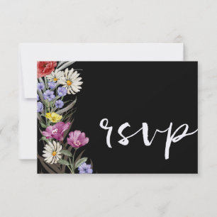 Boho Watercolor Wild Flower & Black Wedding RSVP Card