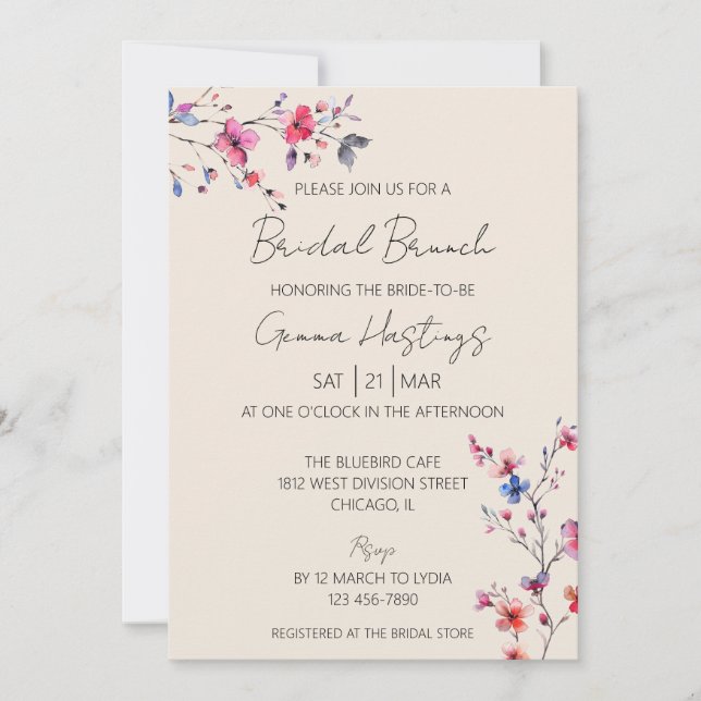 Boho Watercolor Wild Flower Bridal Brunch Beige Invitation (Front)