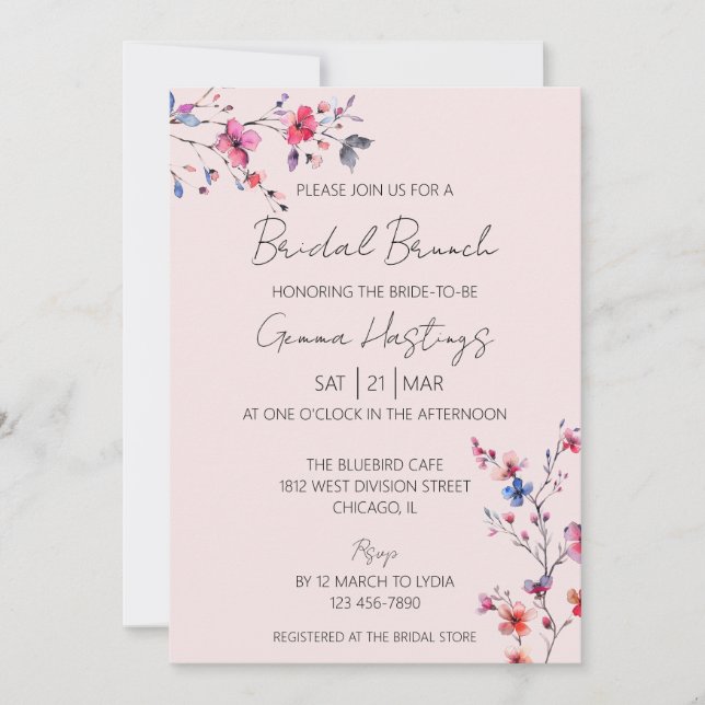 Boho Watercolor Wild Flower Bridal Brunch Pink Invitation (Front)