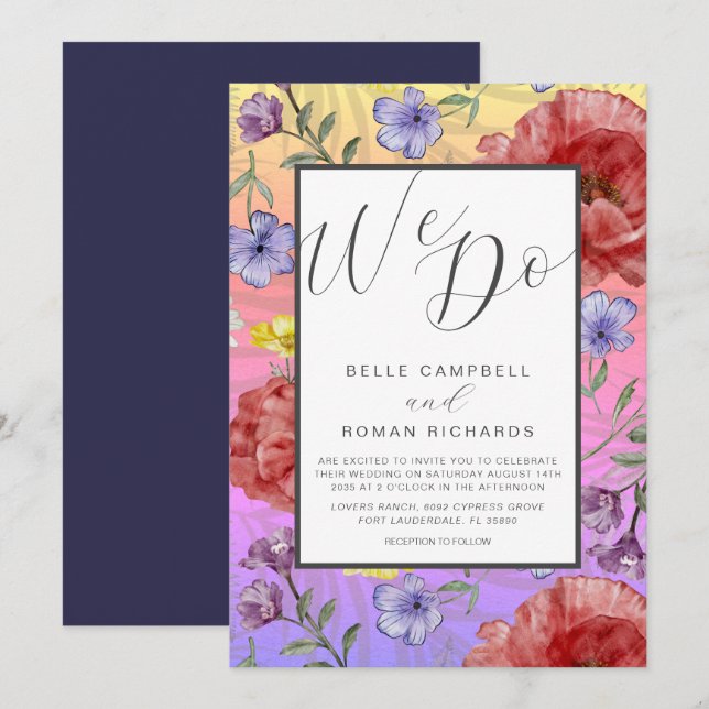 Boho Watercolor Wild Flowers Colourful Wedding Invitation (Front/Back)