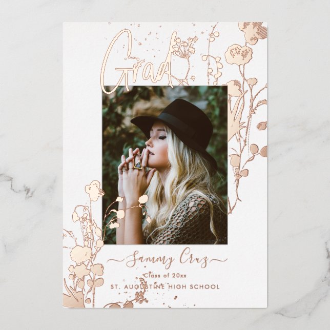 Boho Watercolor Wild Flowers Graduation Rose Gold  (Front)