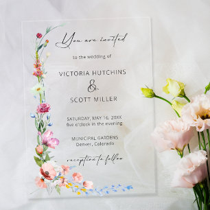 Boho Watercolor Wildflower Calligraphy Wedding Acrylic Invitations